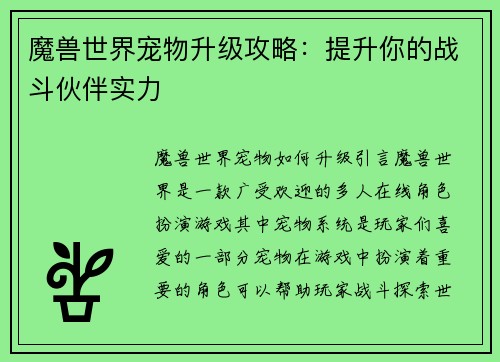 魔兽世界宠物升级攻略：提升你的战斗伙伴实力